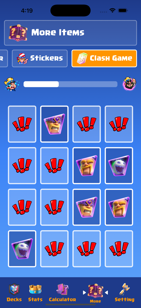 Deck Guides - Ein Bildschirm in der Deck Guides App, der ein Raster von Elementen, Charakterkarten-Symbolen und Navigationsoptionen für Statistiken und Rechner anzeigt.