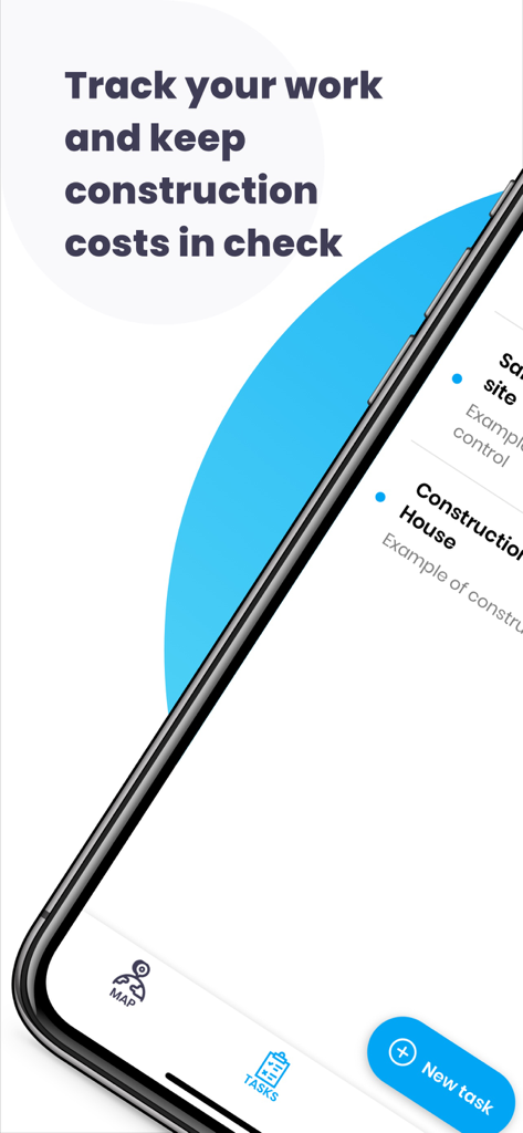 Ein Smartphone-Bildschirm zeigt die Benutzeroberfläche der Mela Works App mit Text über die Verfolgung von Arbeiten und die Kontrolle der Baukosten.