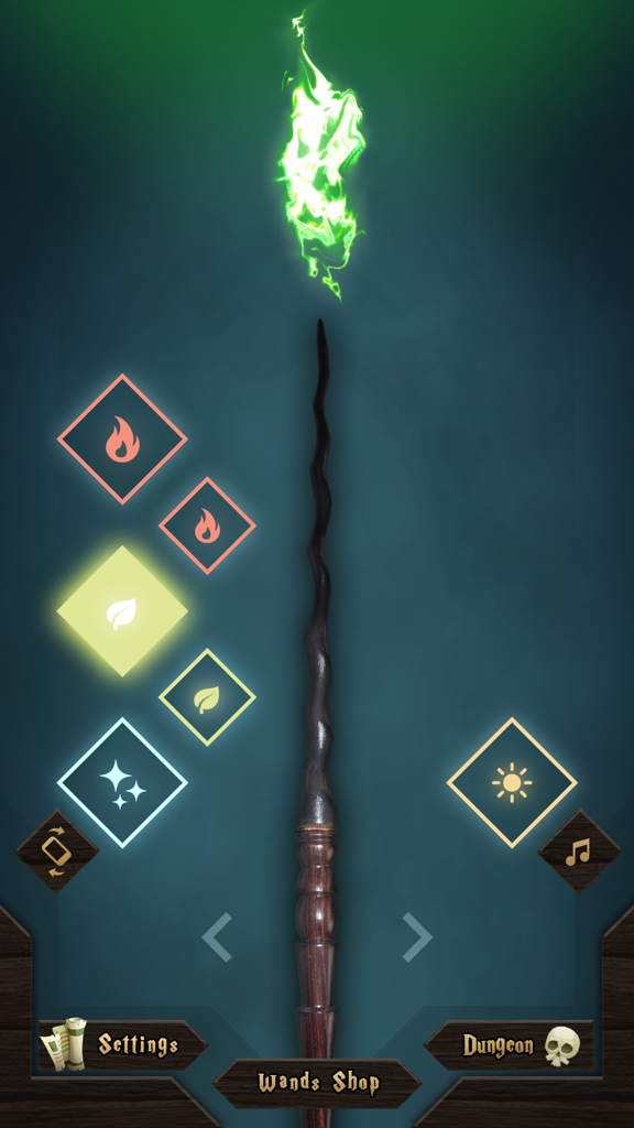 Magic Wands: Wizard Spells - A dark wooden wand casting a glowing green magical flame in a wizard game.