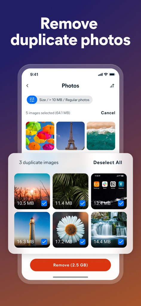 Avast Cleanup – Phone Cleaner - Avast Cleanup app interface showing the duplicate photo removal feature with a selection of images ready to be deleted to free up storage