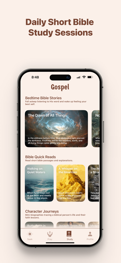 Pantalla móvil de la aplicación Evangelio que muestra sesiones diarias de estudio bíblico e historias para dormir