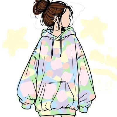 realistic girl with a oversized sweatshirt on and a bun