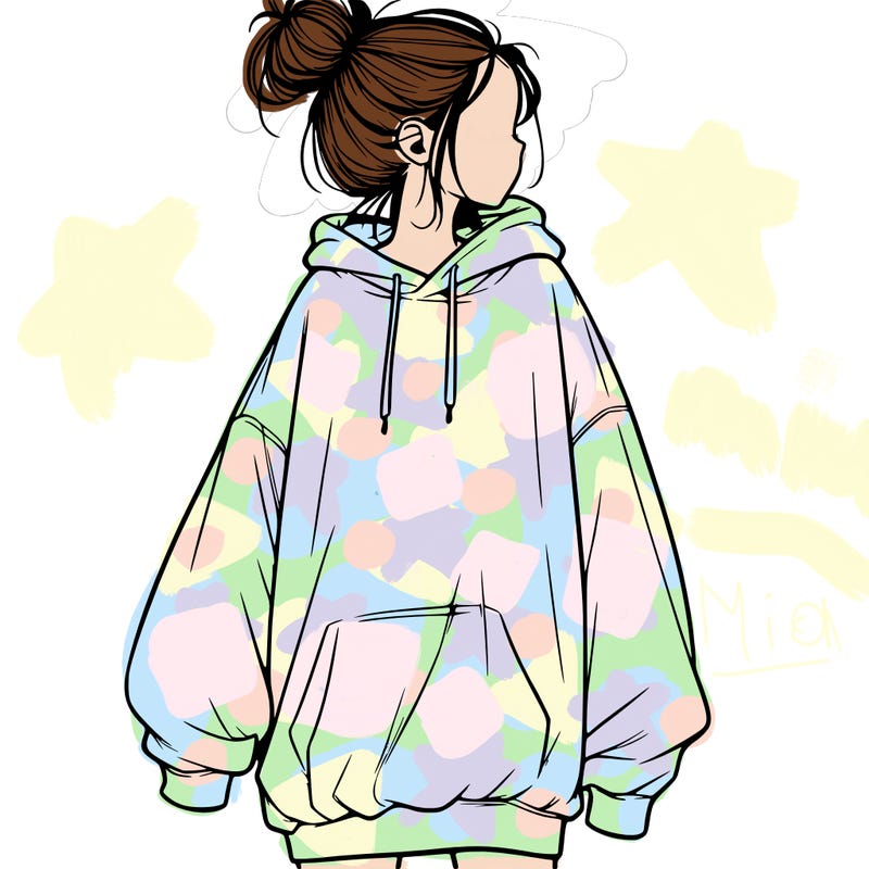 realistic girl with a oversized sweatshirt on and a bun