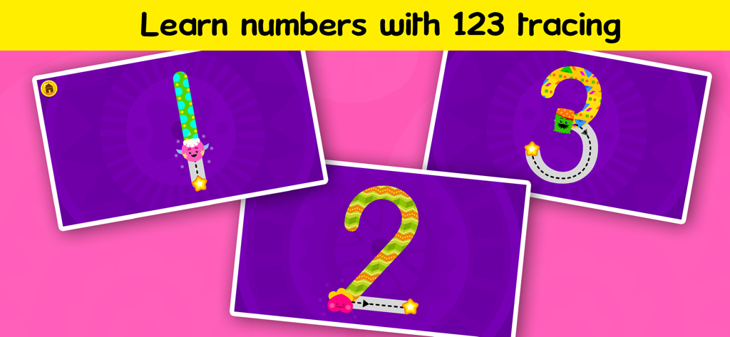 Interfaz de Juegos de Trazar ABC mostrando el trazo de los números 1, 2 y 3