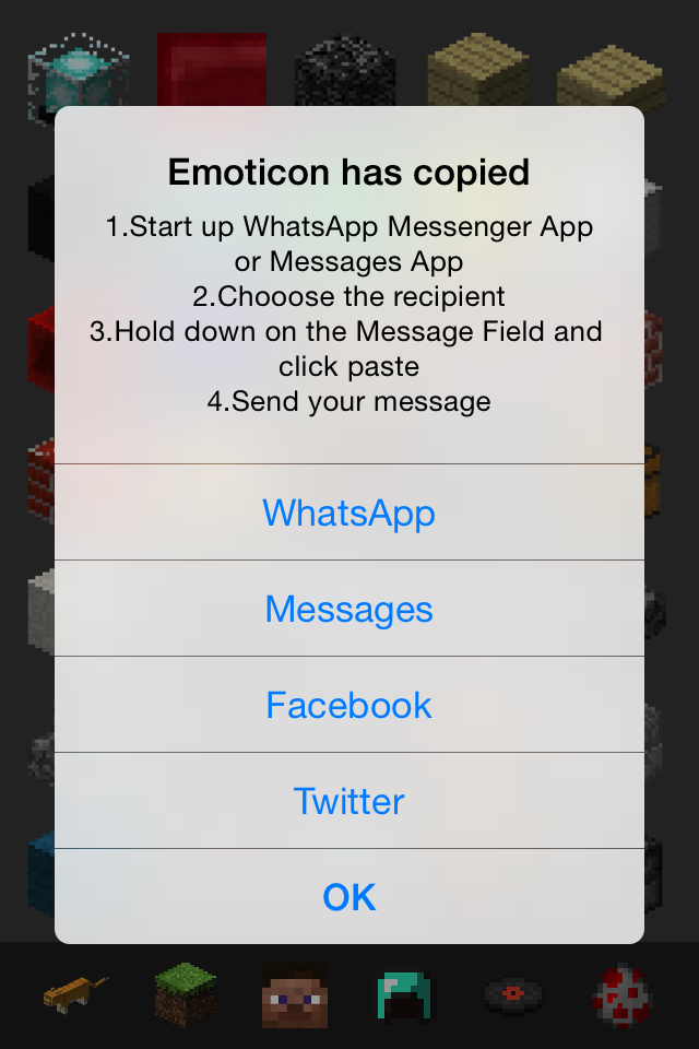 A pop up window showing instructions on how to paste and share Minecraft stickers on WhatsApp and other social media apps.