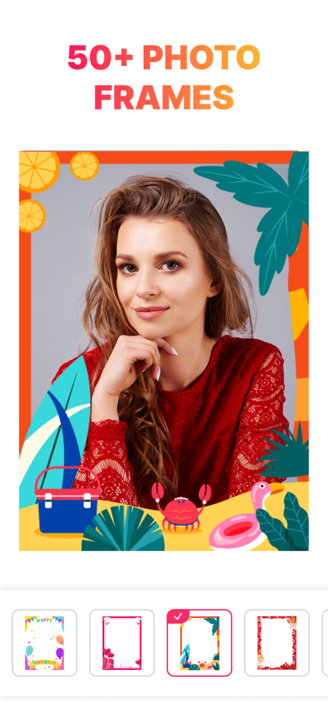 Pic Collage Maker: Photo Frame - A woman's photo inside a beach themed decorative frame in the Pic Collage Maker app.