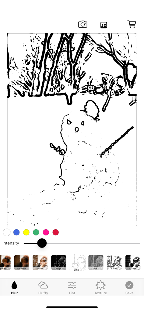 Interface of a mobile photo editor app showing a black and white line art filter being applied to a drawing of a snowman