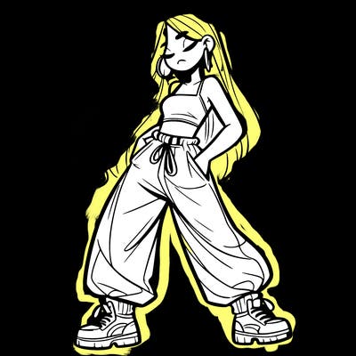 girl in baggy pants crop top and long hair