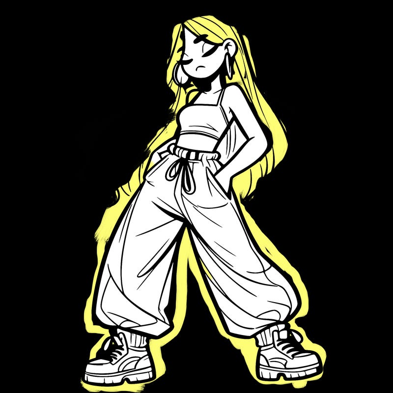 girl in baggy pants crop top and long hair