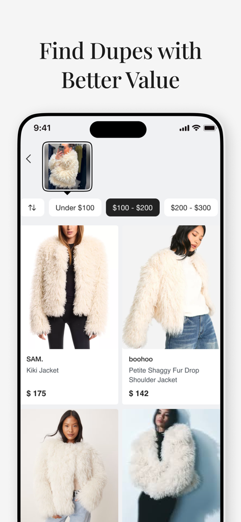 Gensmo: AI Stylist & Try-On - Tela do aplicativo Gensmo mostrando uma busca visual por sósias de moda de uma jaqueta de pelo felpuda com filtros de preço.