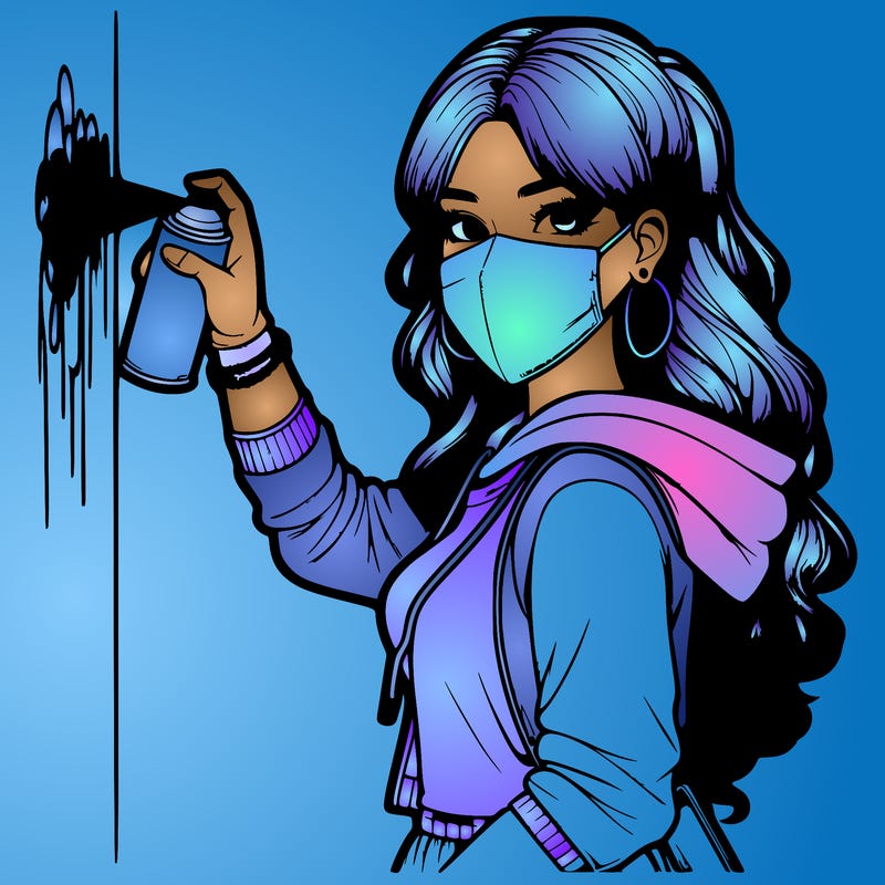 realistic girl with mask spray painting a wall