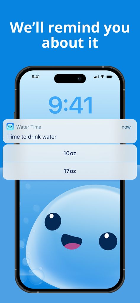 Smartphone lock screen showing a Water Time app notification to drink water with a friendly blue character