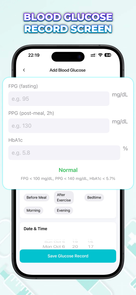 Vitaria: Blood Tracker - Une capture d'écran de l'application Vitaria montrant l'écran d'enregistrement de la glycémie avec des champs de saisie pour les niveaux à jeun, postprandiaux et l'HbA1c.