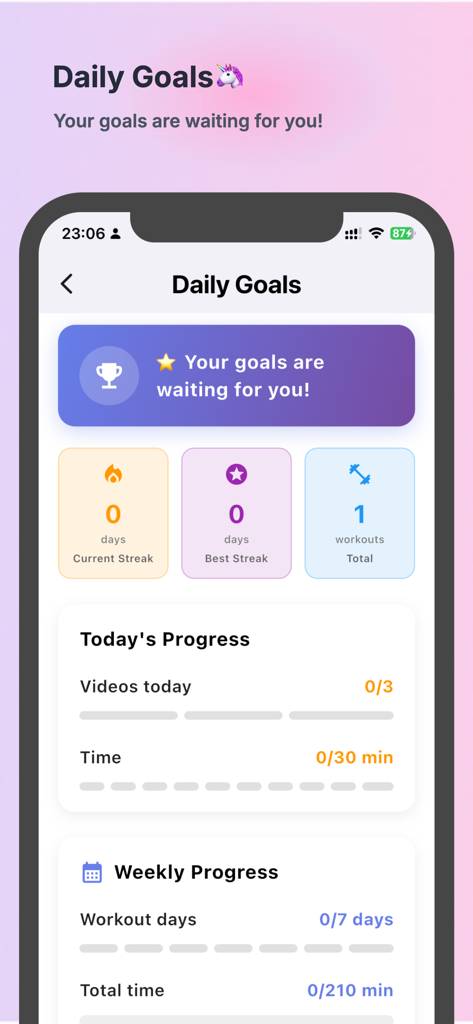 Interactive Immersive WarmUp - インタラクティブ・イマーシブ・ウォームアップアプリの毎日の目標と進捗状況の追跡画面。