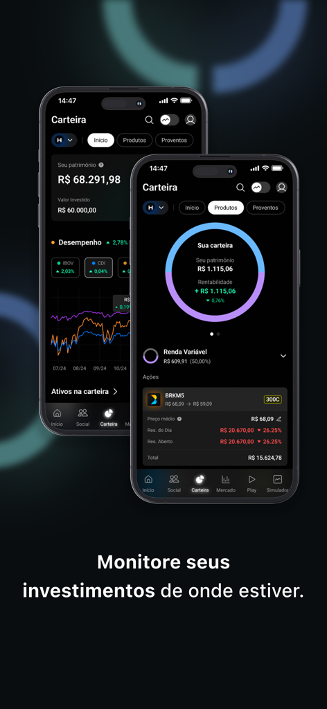 HUB3 - Gestão de Investimentos - Interfaz de la aplicación móvil HUB3 que muestra el seguimiento de portafolios de inversión y gráficos de rendimiento