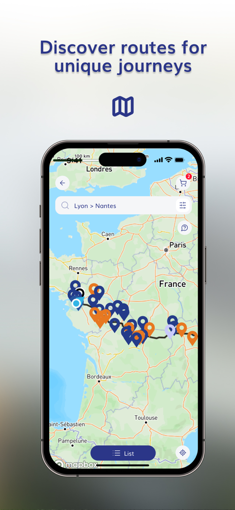 A mobile screen showing an interactive map of France with multiple camping car park locations and a planned route
