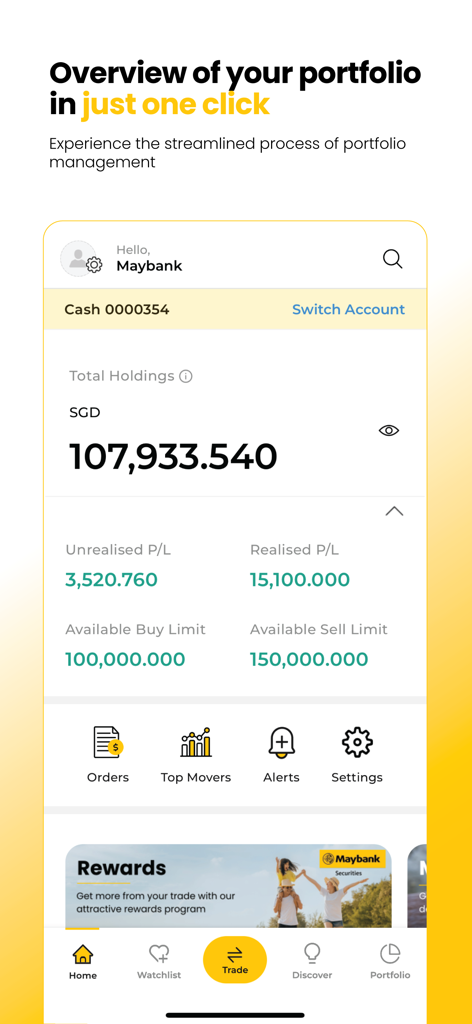Maybank Trade SG - Maybank Trade SG app interface displaying a portfolio overview with total holdings in SGD and unrealized profit and loss metrics.