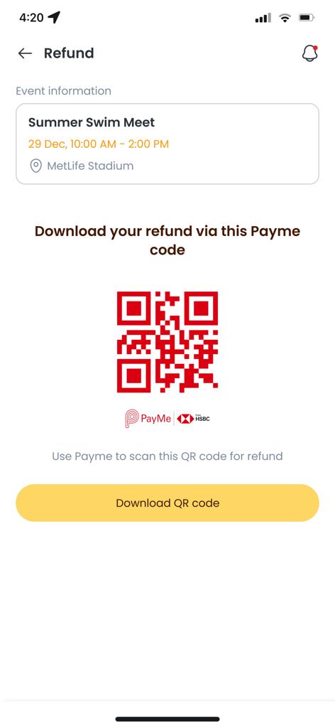 Sports in One - Refund screen for a sports event showing a PayMe QR code for secure transaction processing.