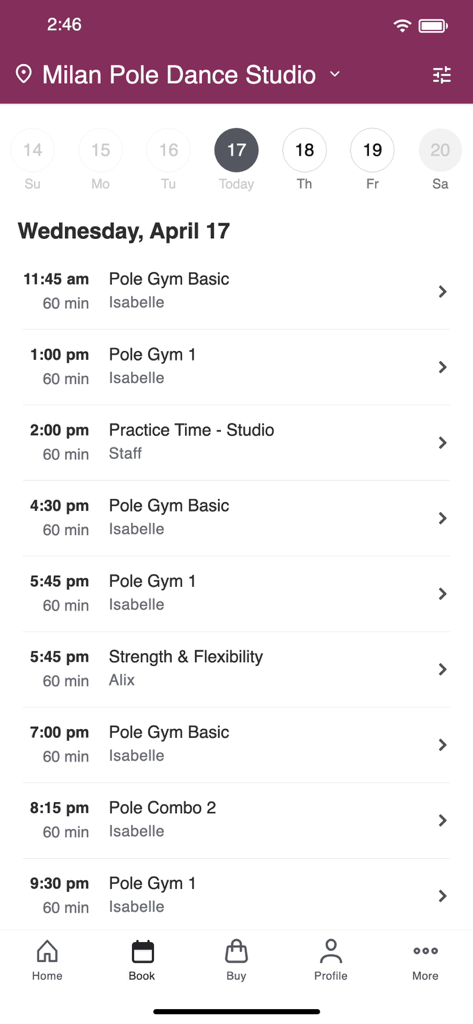 Milan Pole Dance Studio - Interfaz de la app móvil Milan Pole Dance Studio mostrando un horario de clases diario para entrenamiento de pole fitness y flexibilidad