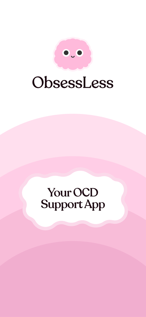 OCD Support App - ObsessLess - ObsessLessアプリのイントロ画面。Ollieキャラクターと「あなたのOCDサポートアプリ」というタグラインが表示されています。