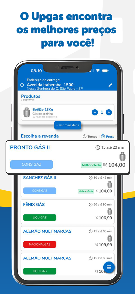 Mobile app interface showing a list of gas delivery companies with prices and estimated arrival times.