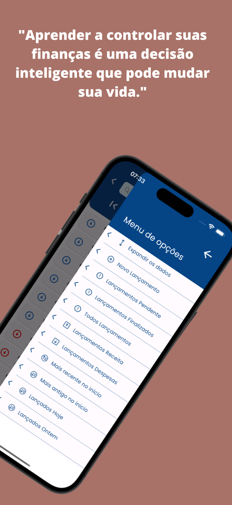 Smartphone-Bildschirm mit dem Optionenmenü der Finanzkontrolle-App mit Kategorien zur Finanzverfolgung