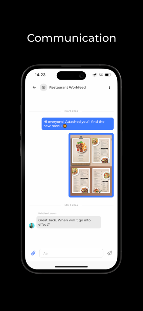 Workfeed - Work Scheduling App - In-app chat interface in Workfeed showing a manager sharing a new restaurant menu with staff.