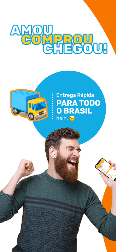 eFácil - Super Ofertas e mais! - Um homem feliz comemorando uma compra no aplicativo eFácil com entrega rápida em todo o Brasil.