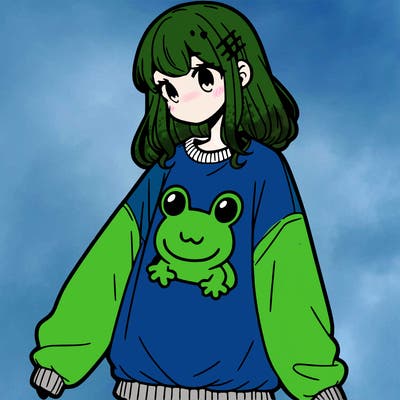girl wearing frogging sweatshirt
