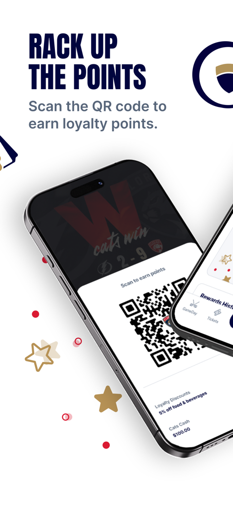 Florida Panthers GameDay - A smartphone screen from the Florida Panthers GameDay app showing a QR code for scanning to earn loyalty points and discounts.