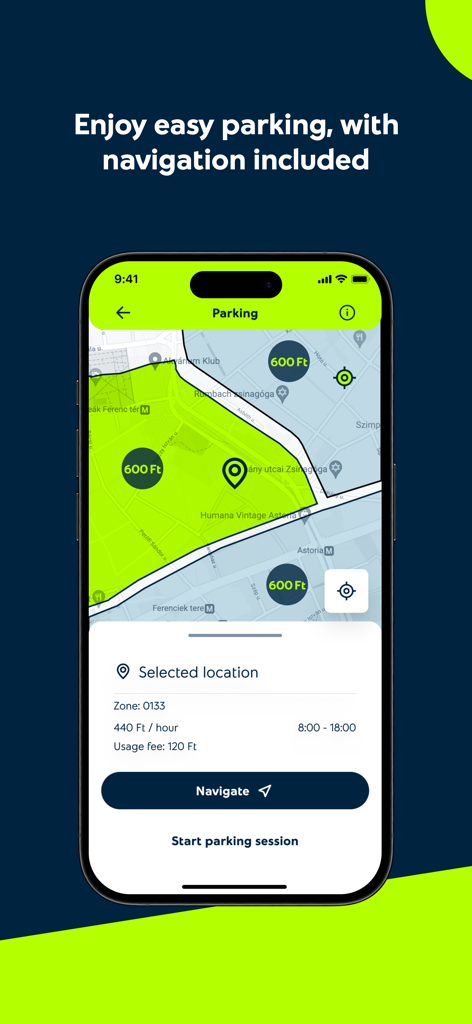 지도와 탐색 기능이 있는 Yettel HU 앱의 모바일 주차 기능 인터페이스