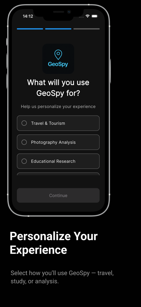 SnapGeo - AI Location Finder - Onboarding screen of the SnapGeo app asking users to select their primary use case such as travel or photography to personalize their experience