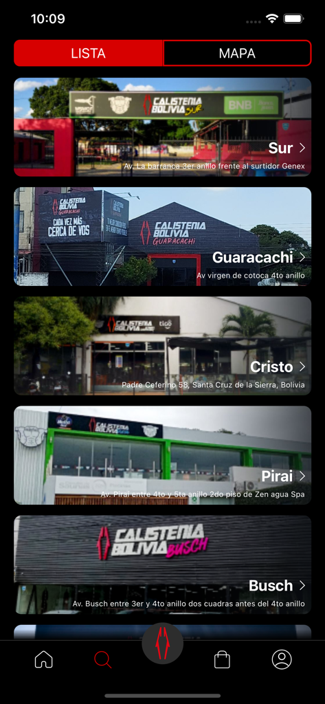 Calistenia Company - Una lista de ubicaciones de gimnasios de Calistenia Company en Bolivia que muestra diferentes sucursales con sus direcciones.