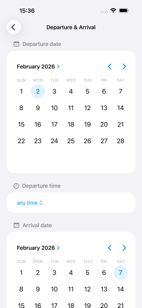 AirTickets: Quick Booking - Calendário de seleção de datas de partida e chegada no aplicativo AirTickets