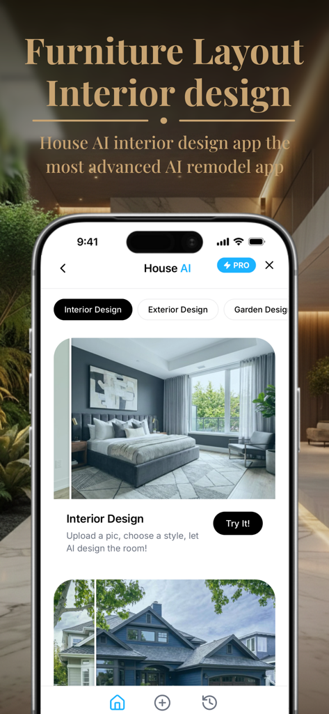 House AI - Interior Design Pro - House AI mobile app interface displaying interior and exterior design features for home renovation and remodeling