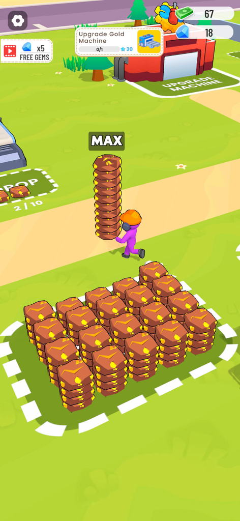 Mine & Dig - Idle Miner Tycoon - Un personaje morado llevando una pila máxima de recursos mineros en Mine and Dig Idle Miner Tycoon