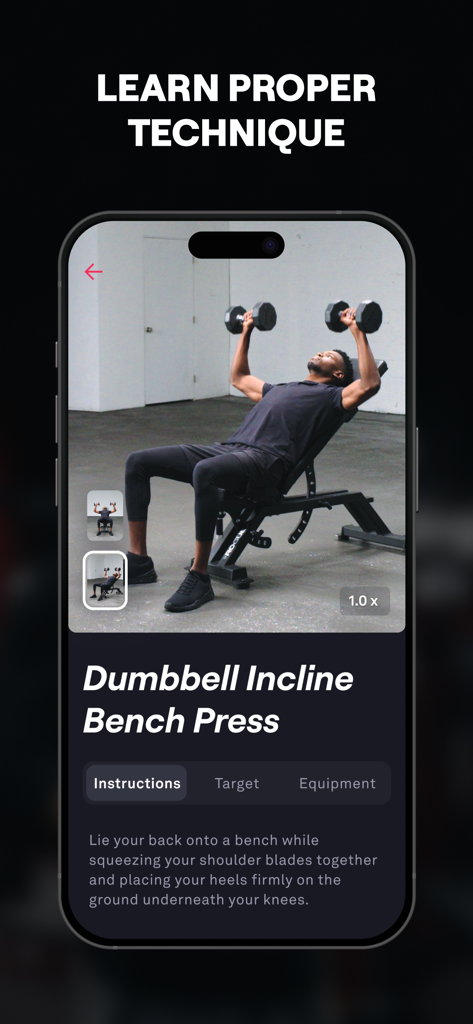 A mobile screen from the Fitbod app showing a video tutorial and detailed instructions for a dumbbell incline bench press.