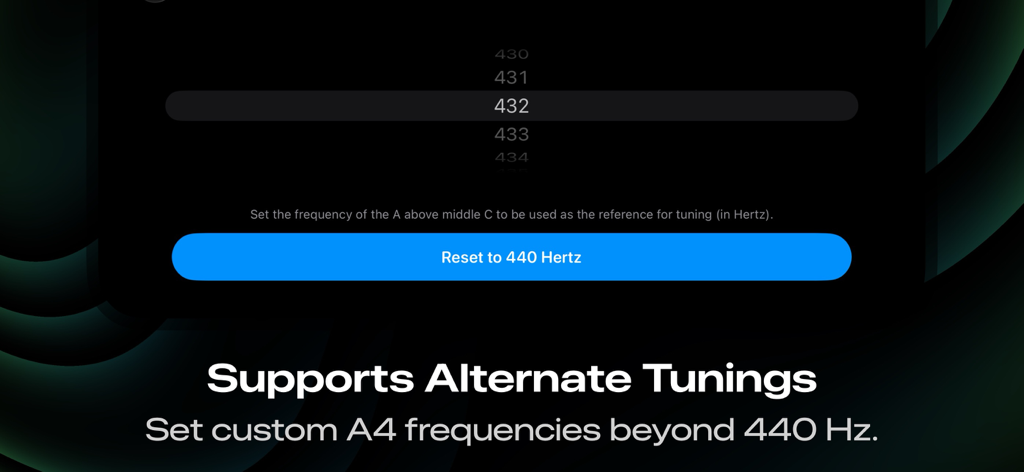 Piano Tuner PT1 - Interfaz de aplicación profesional de afinación de pianos que muestra la selección de frecuencia A4 personalizada para afinaciones alternativas.