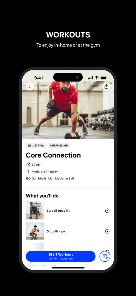 Smartphone screen showing a 30-minute intermediate core workout plan with exercise list and equipment requirements in the 24GO app