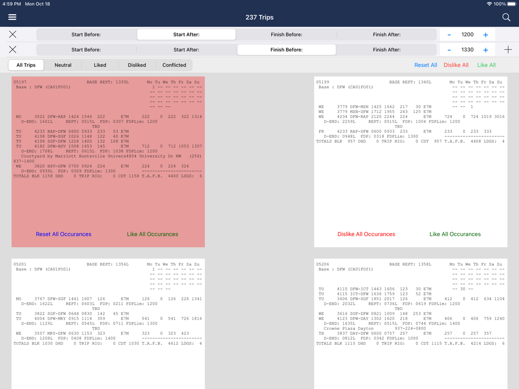 QuickBid - QuickBid App auf dem iPad zeigt die Benutzeroberfläche zur Filterung von Flugbesatzungsreisen und zur Auswahl des Flugplans