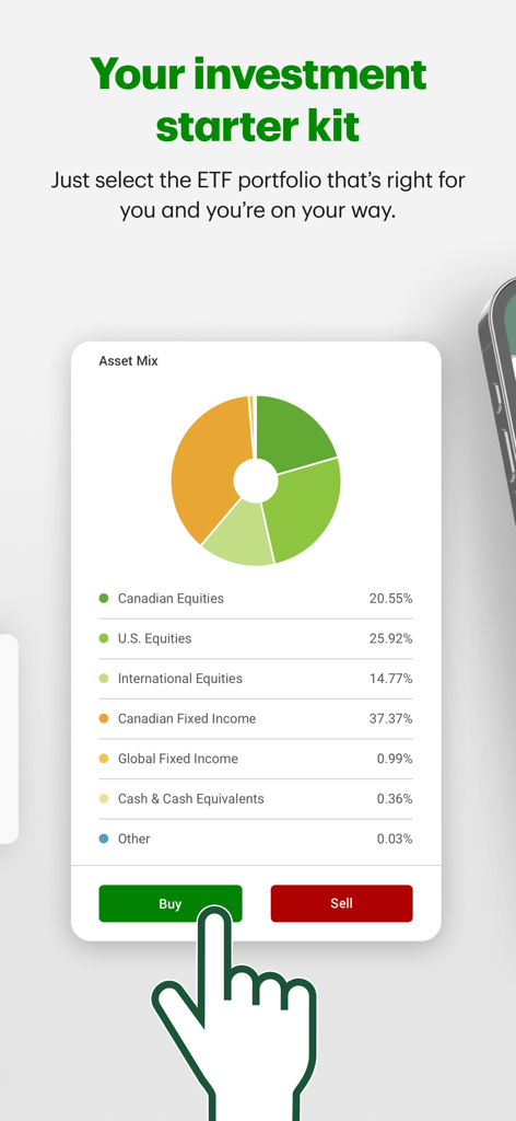 TD Easy Trade - TD Easy Trade app screenshot showing a sample ETF portfolio asset mix pie chart with a buy button.