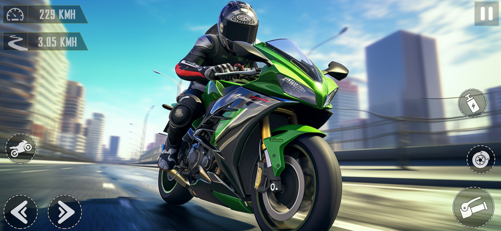 Racing Rider: Moto Bike Games - Un piloto de moto en una superdeportiva verde corriendo por una autopista de ciudad a gran velocidad