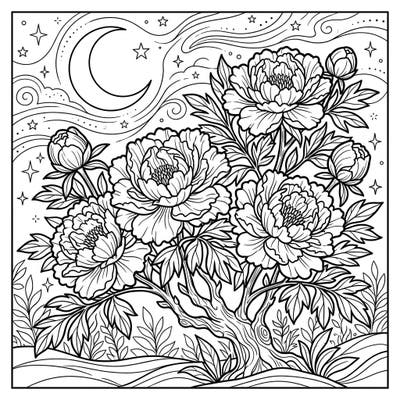 Immerse yourself in the serene beauty of night-blooming tree peonies with this stunning coloring page. Featuring intricate floral details under a moonlit sky, it's perfect for a relaxing artistic escape.