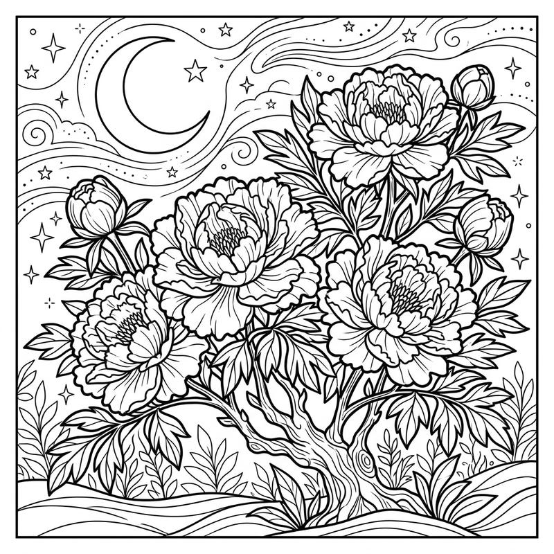 Immerse yourself in the serene beauty of night-blooming tree peonies with this stunning coloring page. Featuring intricate floral details under a moonlit sky, it's perfect for a relaxing artistic escape.