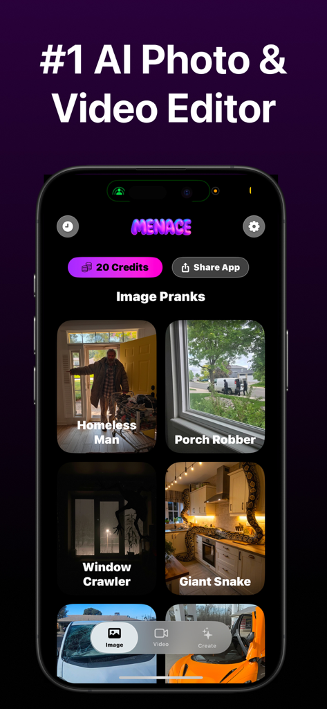 Menace: AI Prank Photo & Video - Pantalla principal de la aplicación de bromas con IA Menace que muestra varias categorías de bromas como Ladrón de porches y Serpiente gigante en un iPhone.