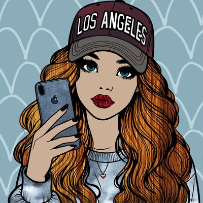 realistic beautiful girl wearing los ángeles cap holding an iphone