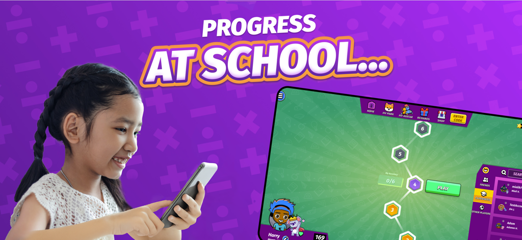 A young girl smiling while using the 99math educational app on a smartphone