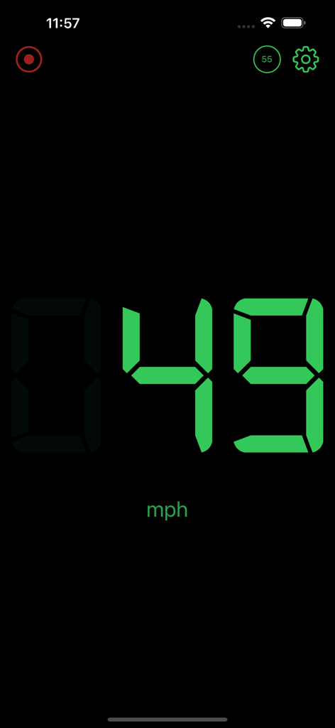 Speedometer Live - Digital speedometer showing 49 mph with a minimalist green font on a dark background