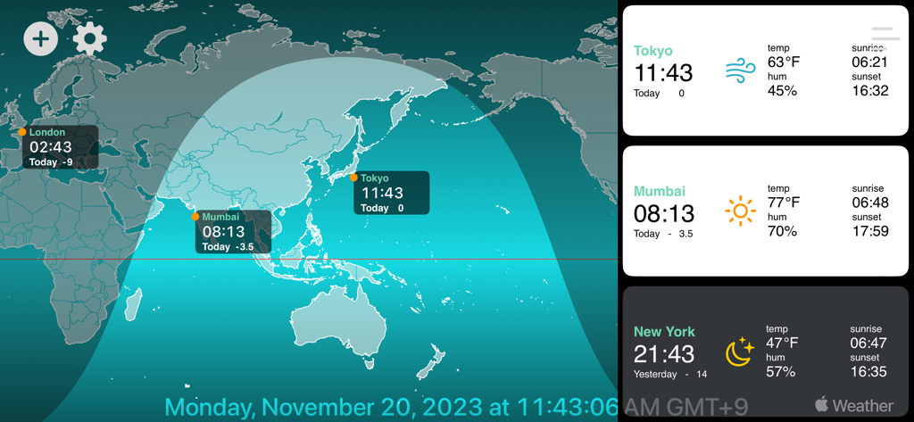 World Time Clock-Weather & Map - Mappa del mondo con linea giorno/notte e schede meteo per Tokyo, Mumbai e New York