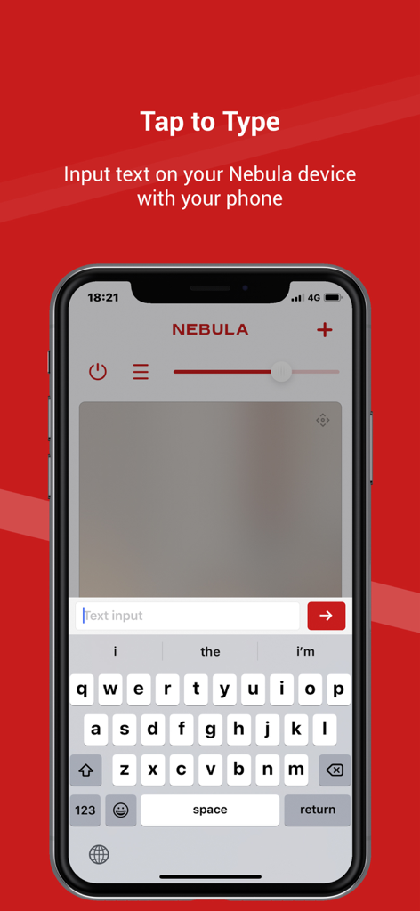 Nebula Connect app interface showing the virtual keyboard for remote text input on a projector